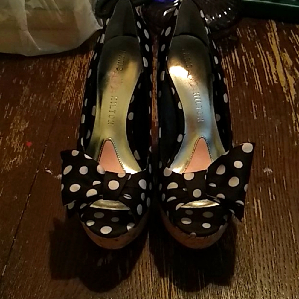 Paris Hilton Shelly Black Polka Dot wedge heels